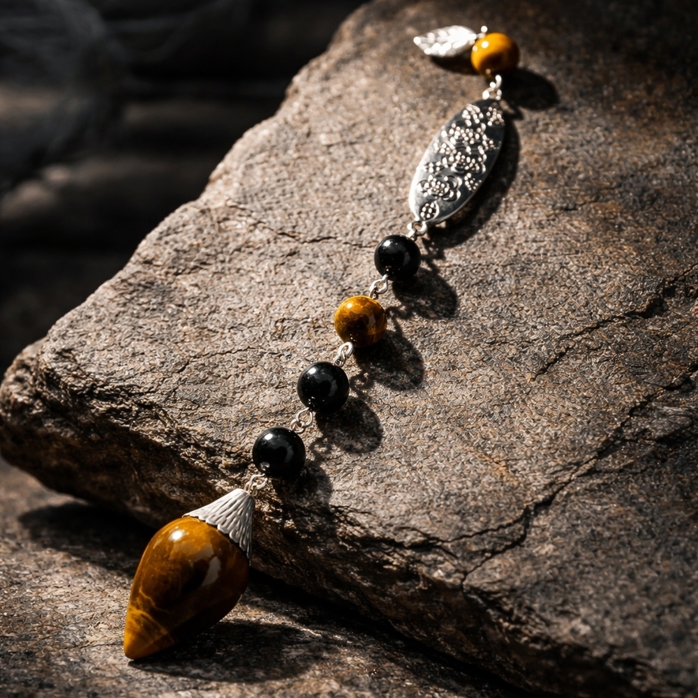 Handcrafted Teardrop Divination Pendulum Tiger's Eye And Black Tourmaline.